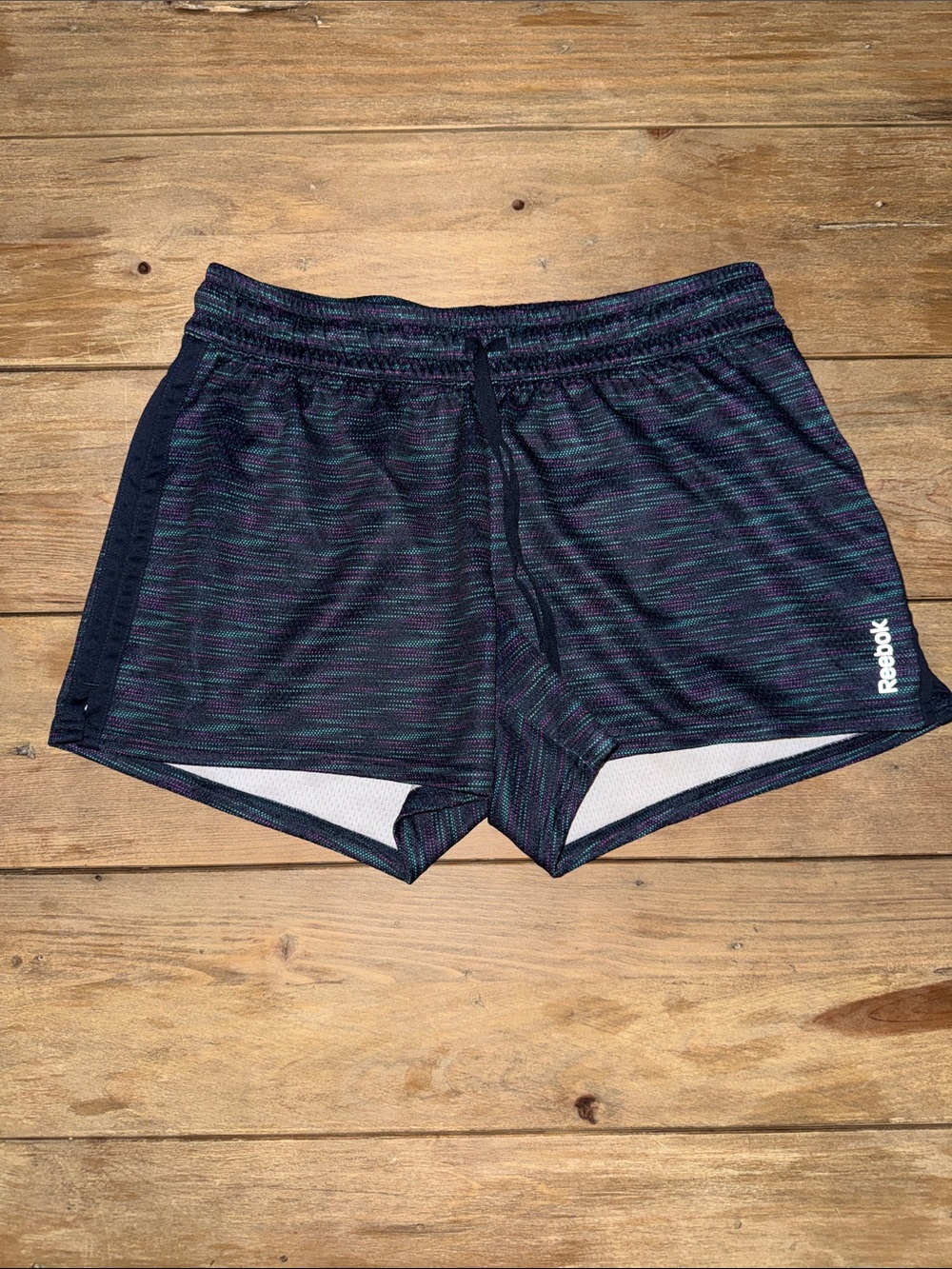 Reebok Women’s Navy Multicolor Striped Athletic Shorts